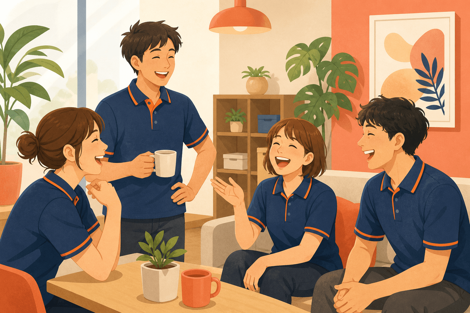 打ち解けて話す若手支援スタッフたちのイラスト