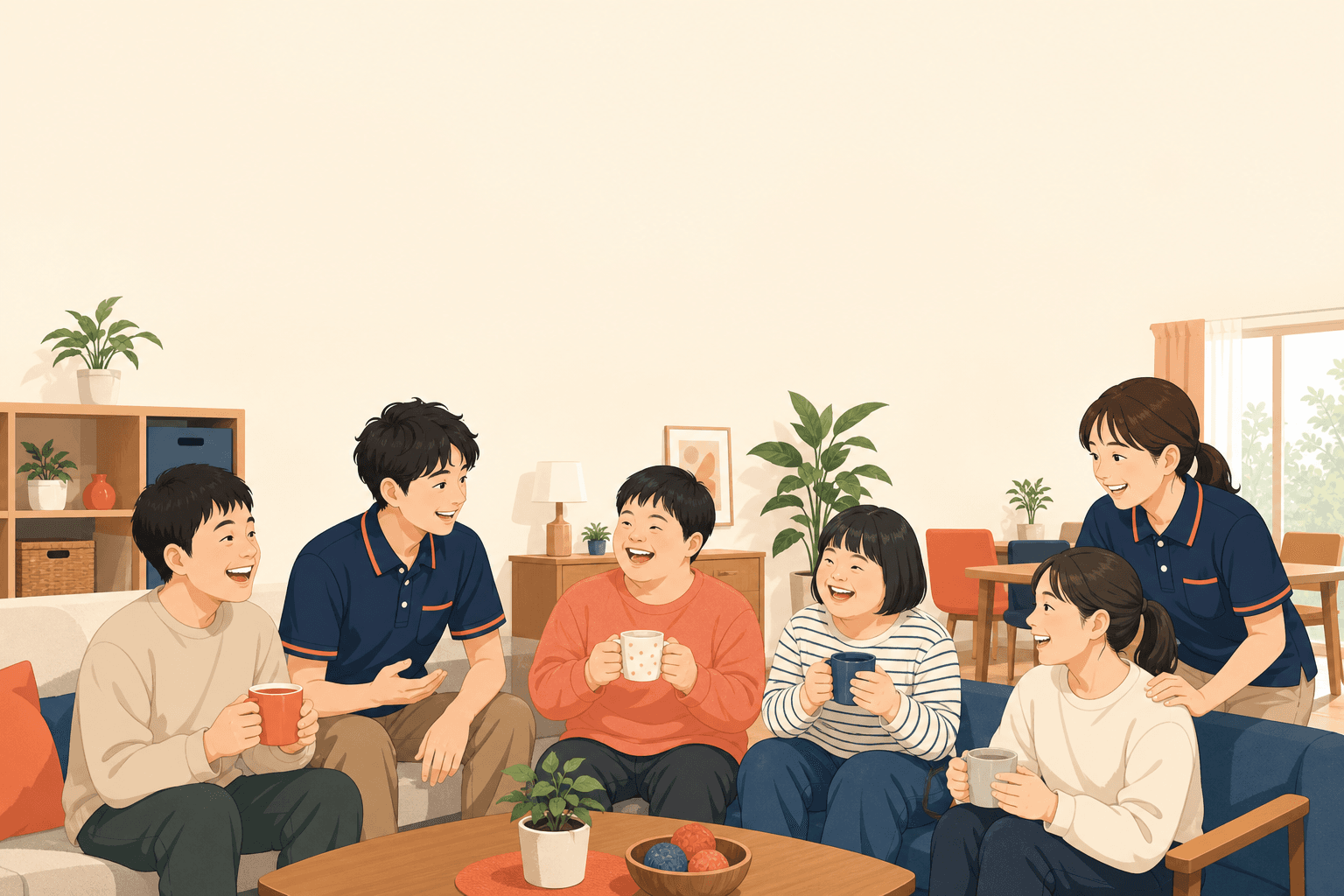 ポロシャツの若手支援スタッフと知的障害のある若い利用者が笑顔で過ごすイラスト