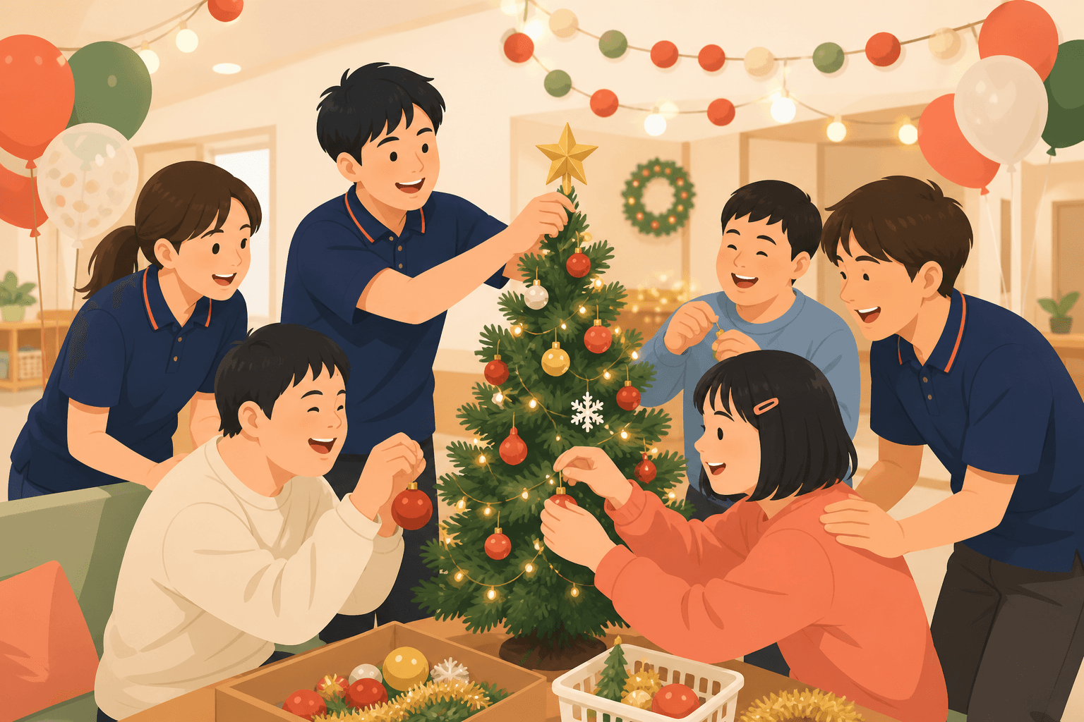 ポロシャツのスタッフと利用者がクリスマス会を楽しむイラスト
