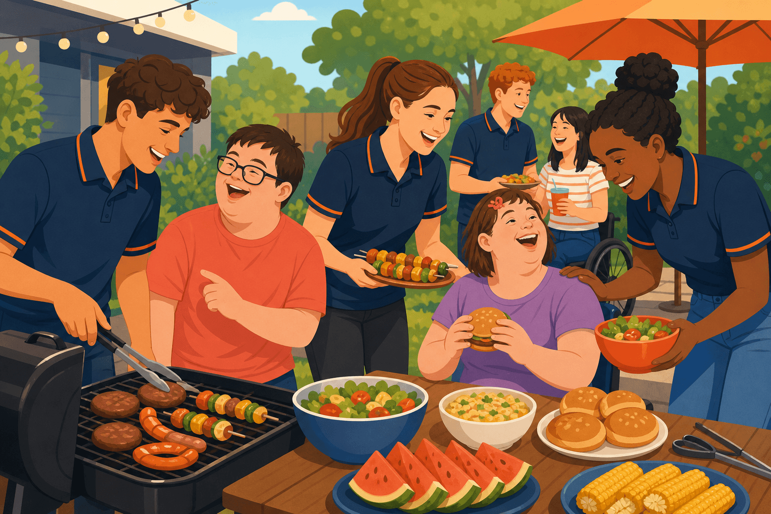 ポロシャツのスタッフと利用者がBBQを楽しむイラスト