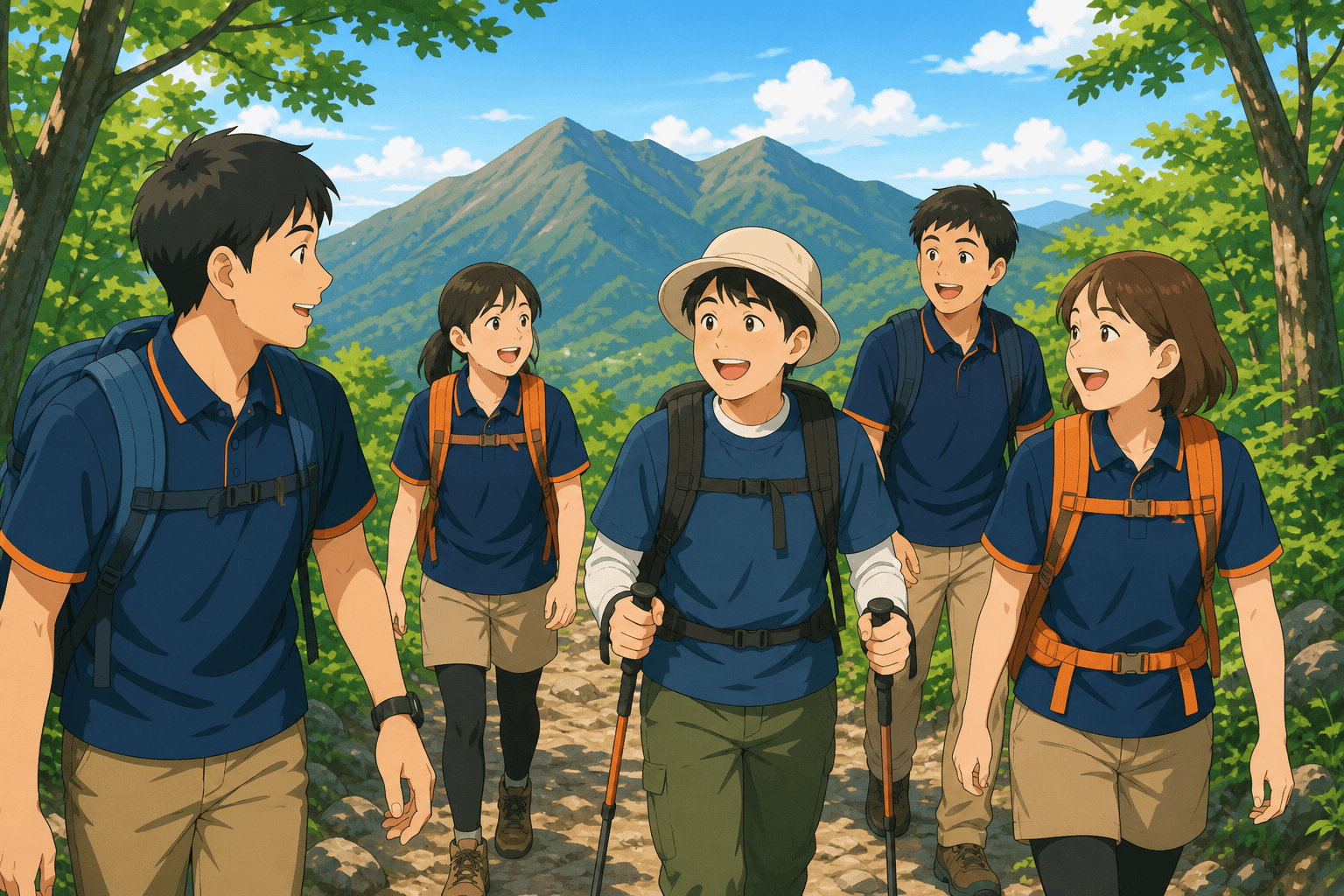 ポロシャツのスタッフと利用者が筑波山を登山するイラスト