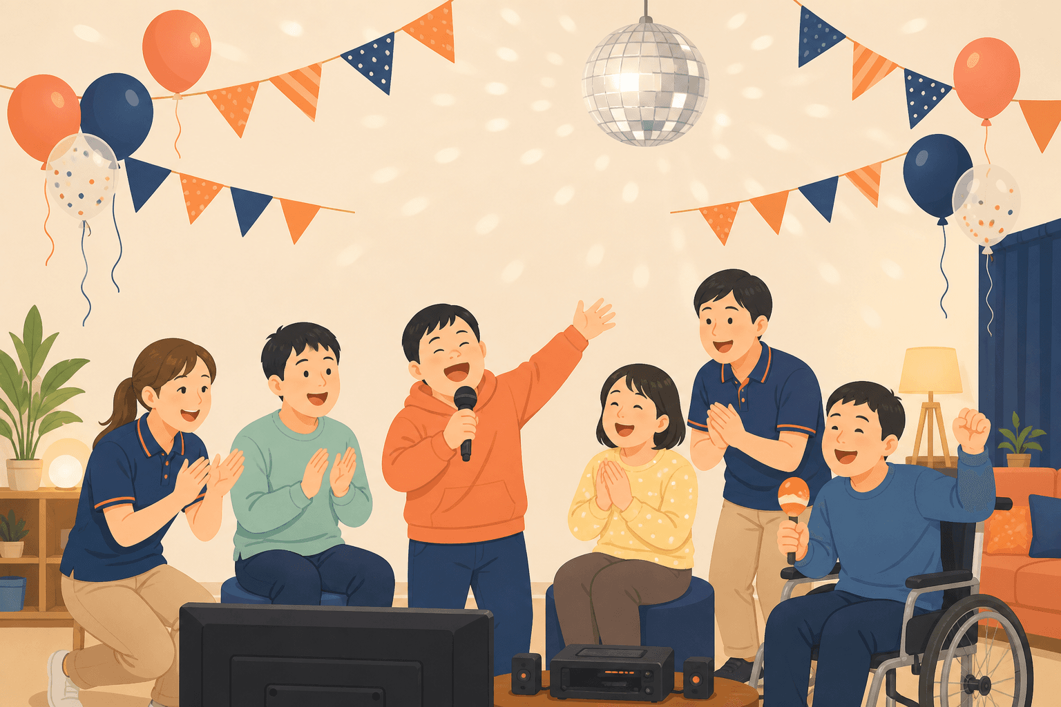ポロシャツの若手障害者支援スタッフと利用者がイベントで楽しそうに過ごすイラスト