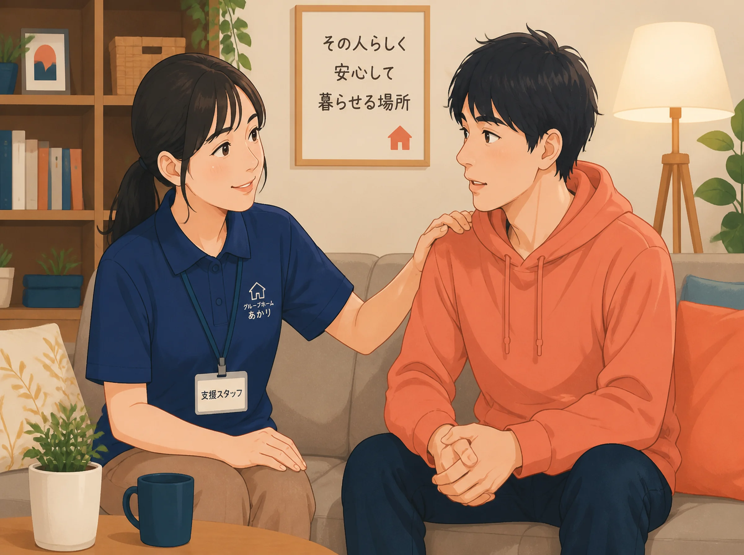 スタッフが若い利用者の話に耳を傾ける様子