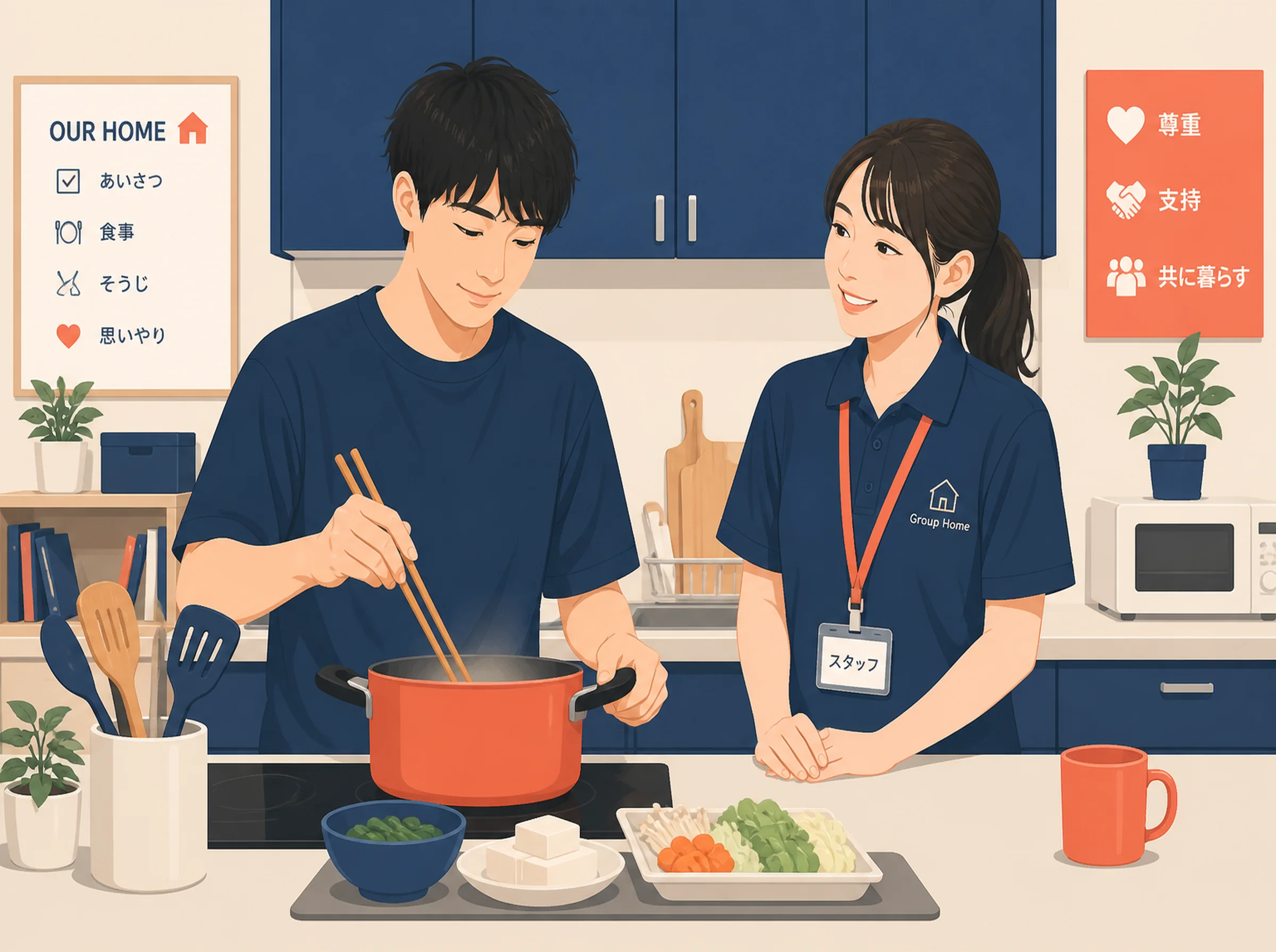利用者が料理をする様子を見守るスタッフ