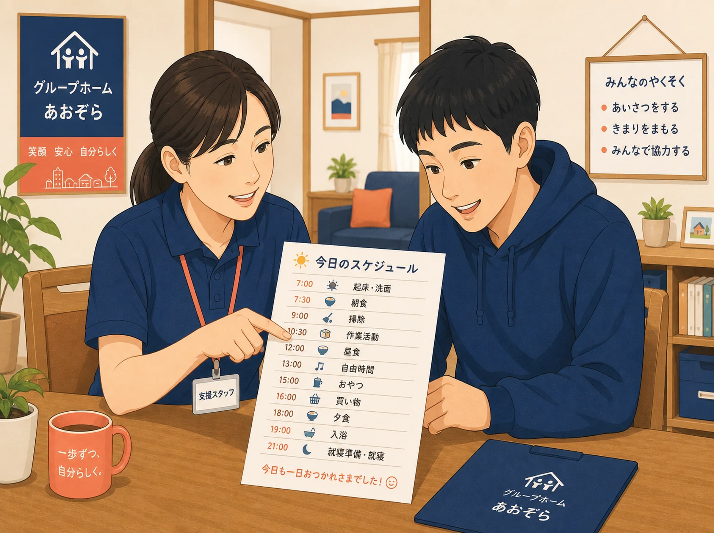 スタッフと利用者が予定表を確認する様子